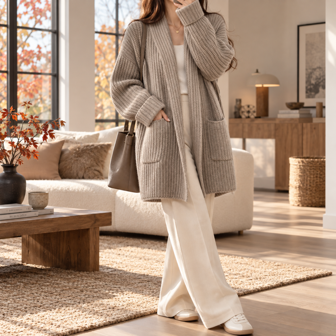 Cardigan gris kaki ouvert avec col châle et pantalon large écru