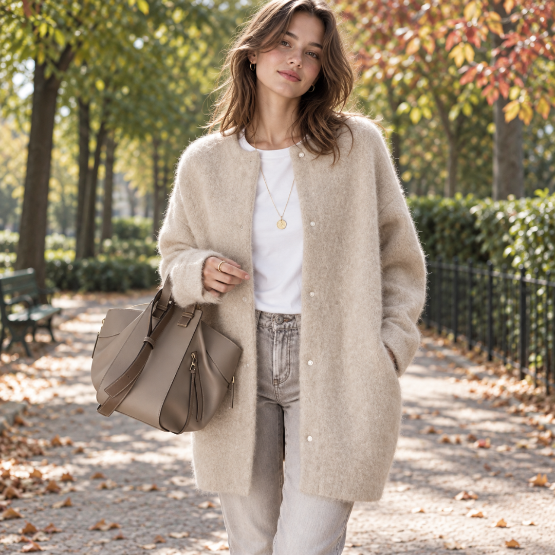 Cardigan long abricot clair en maille duveteuse, col rond et boutonnage devant