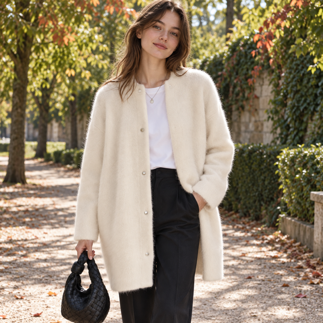 Cardigan femme long blanc à col rond, boutons clairs et poches sur les côtés