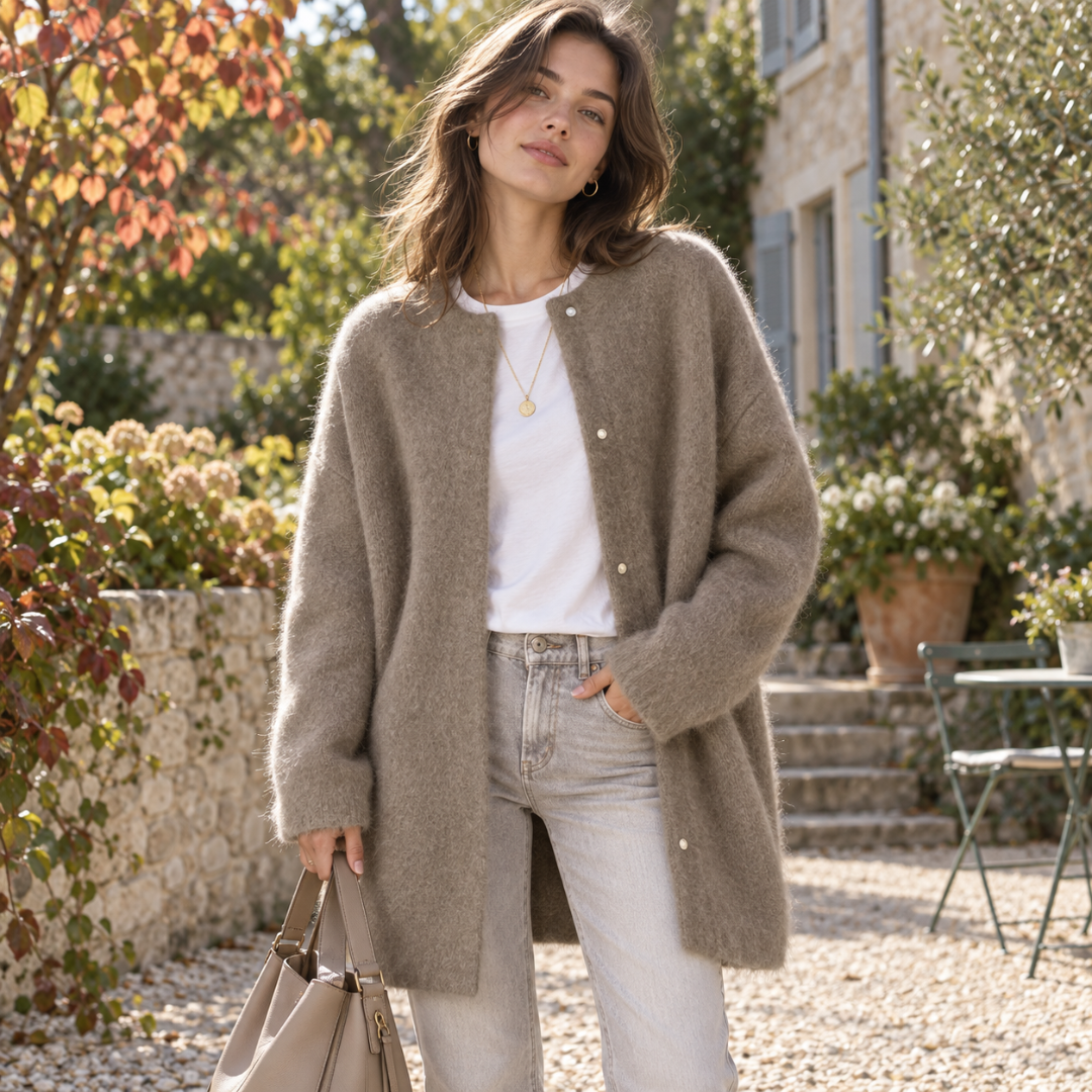 Cardigan long café en maille duveteuse porté ouvert sur un t-shirt blanc