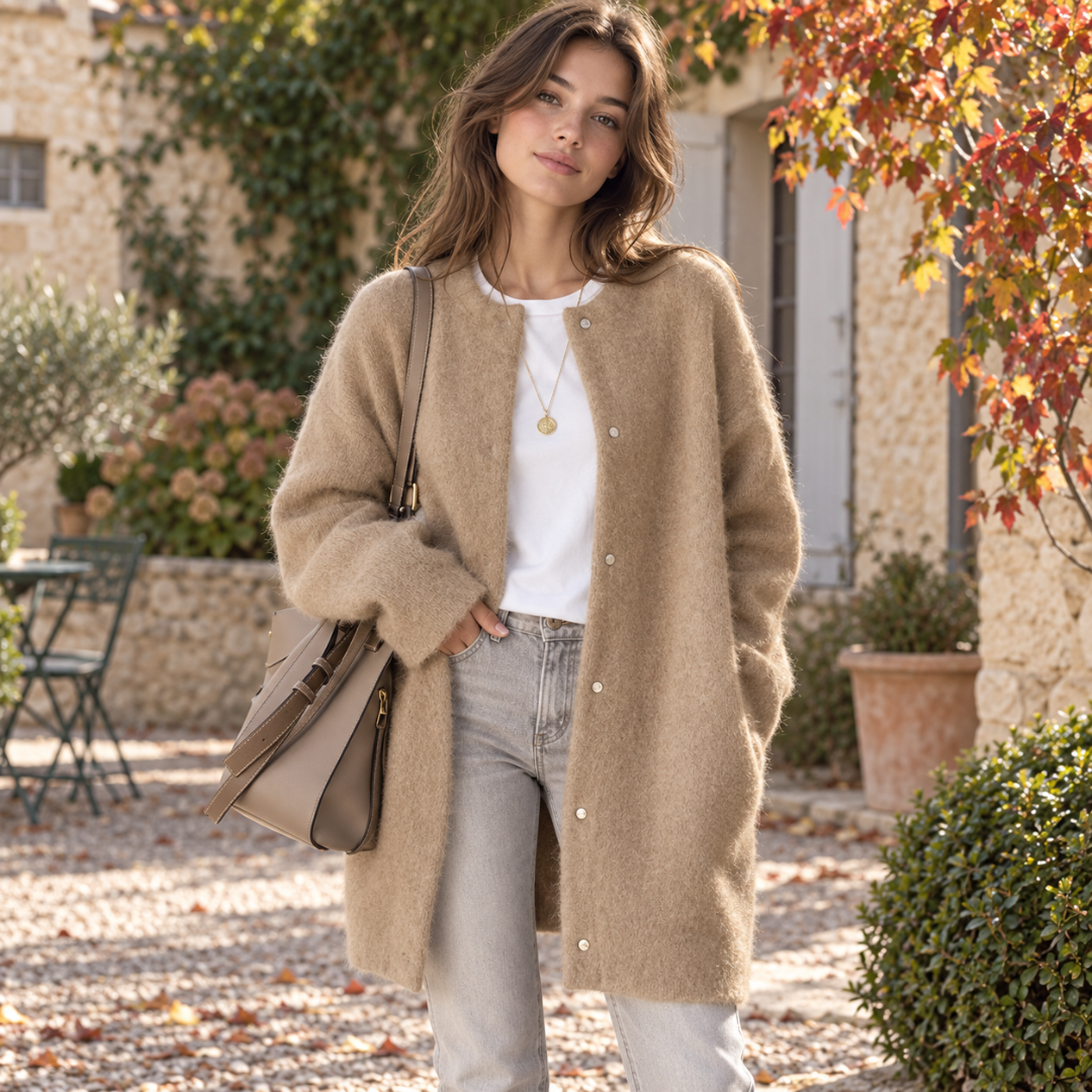 Cardigan femme long kaki à col rond, manches longues et petits boutons clairs