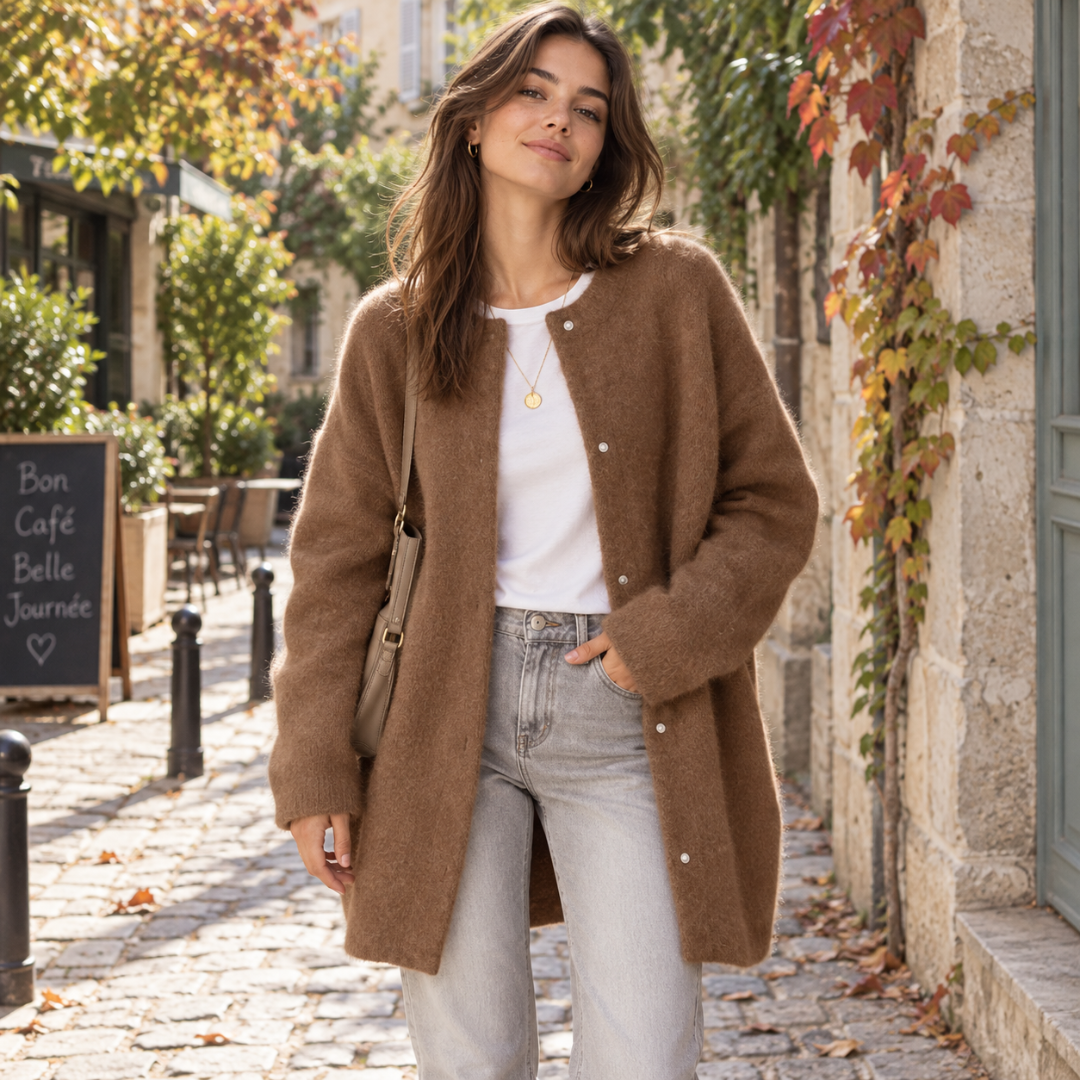 Cardigan femme long marron à col rond, boutonnage devant et poches latérales