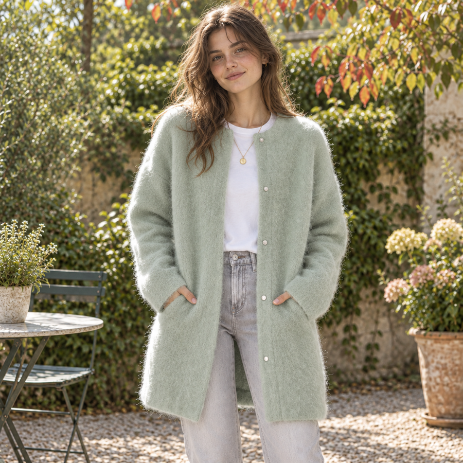 Cardigan femme long vert en maille duveteuse, col rond et petits boutons clairs devant