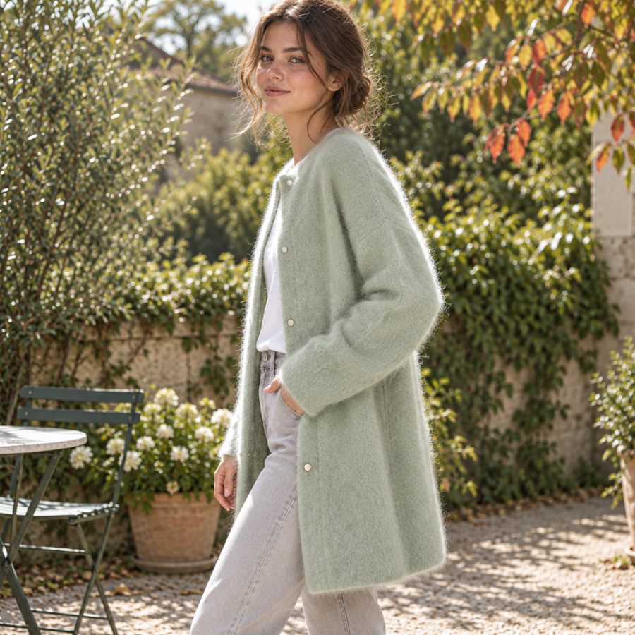 Cardigan long vert porté de profil, manches longues et boutonnage devant visible
