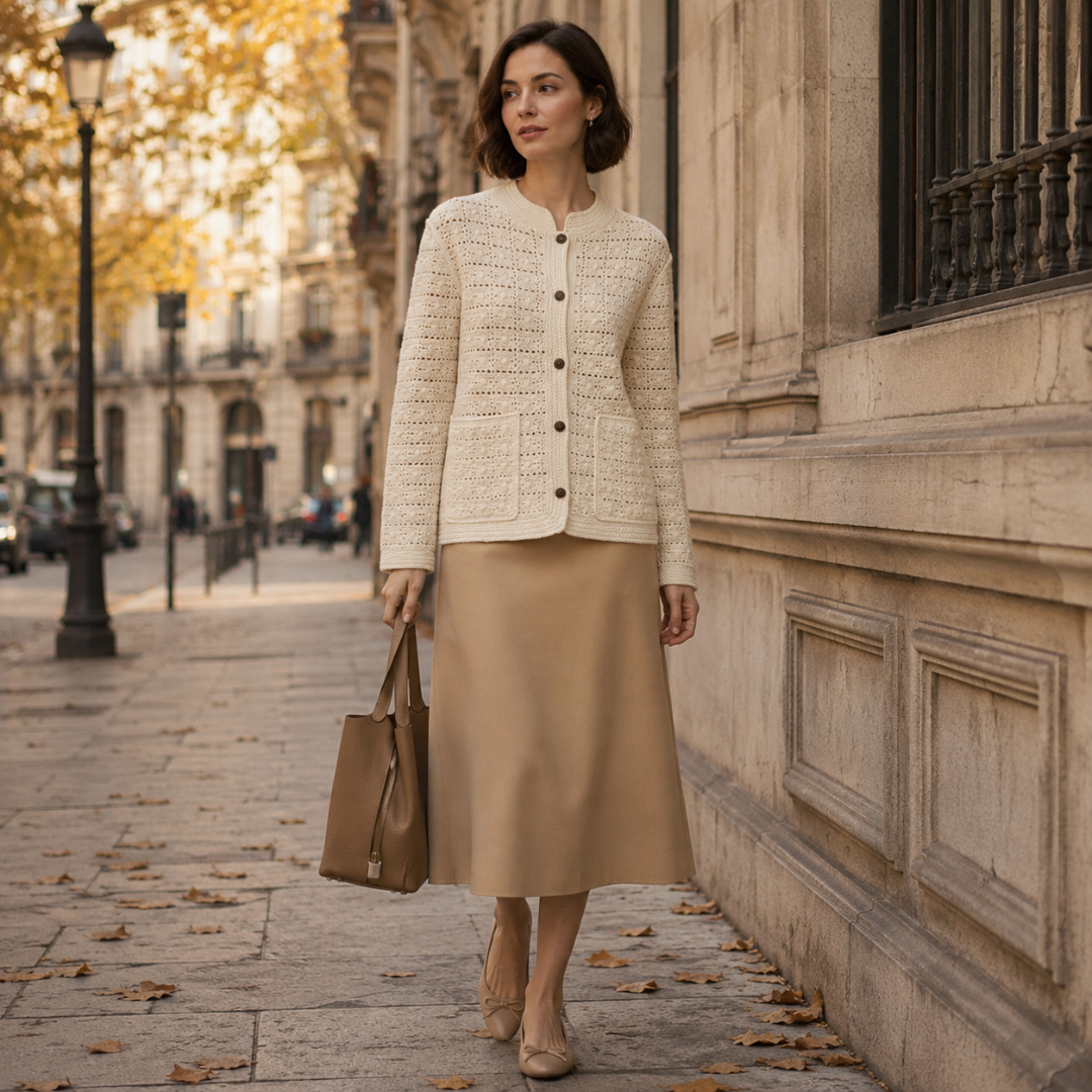 Cardigan femme beige en maille ajourée boutonné, porté avec une jupe midi