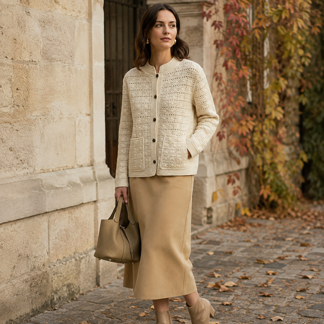 Cardigan beige à col rond et poches plaquées, main glissée dans la poche