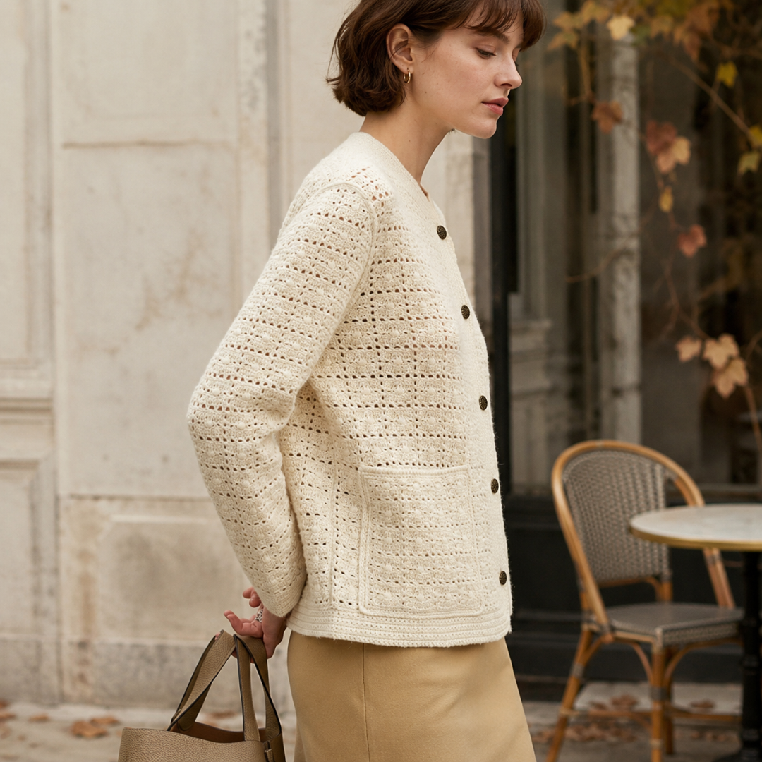 Vue de profil du cardigan beige, boutons foncés contrastants et maille ajourée en relief