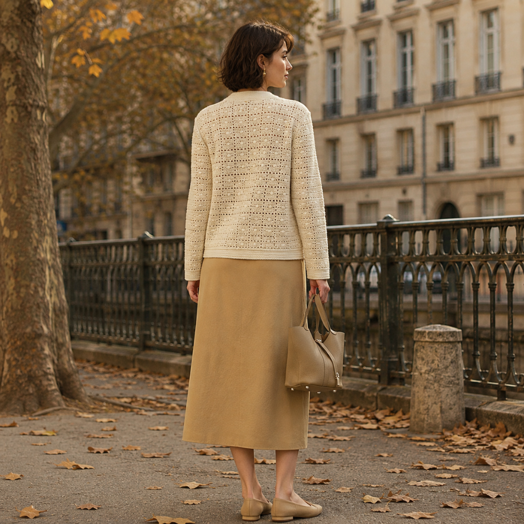 Dos du cardigan femme beige, maille ajourée régulière et bord-côte à la taille