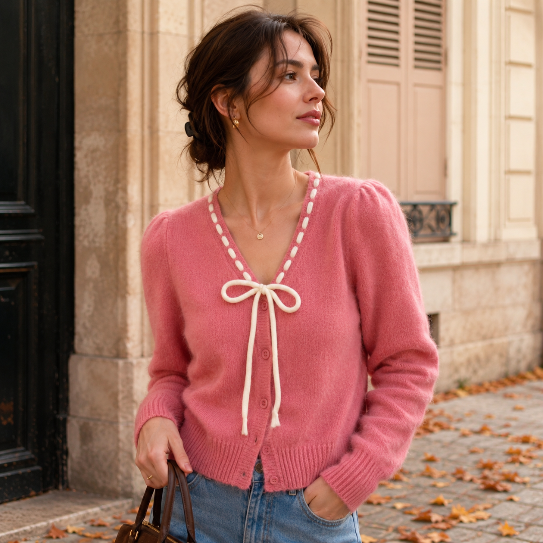 Cardigan rose à col V, bordure crème surpiquée et nœud noué