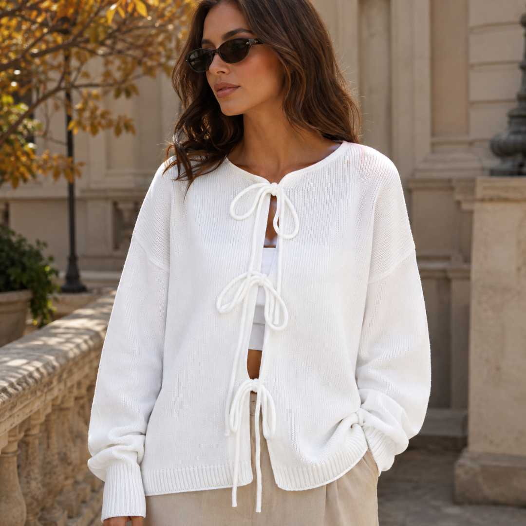 Cardigan femme blanc à nœuds noués, col rond et poignets côtelés