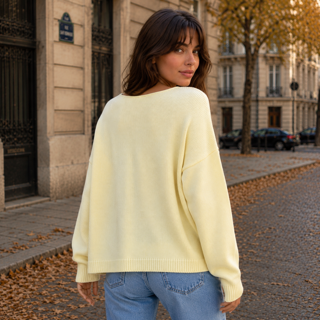 Dos du cardigan femme jaune, épaules tombantes et bande côtelée en bas
