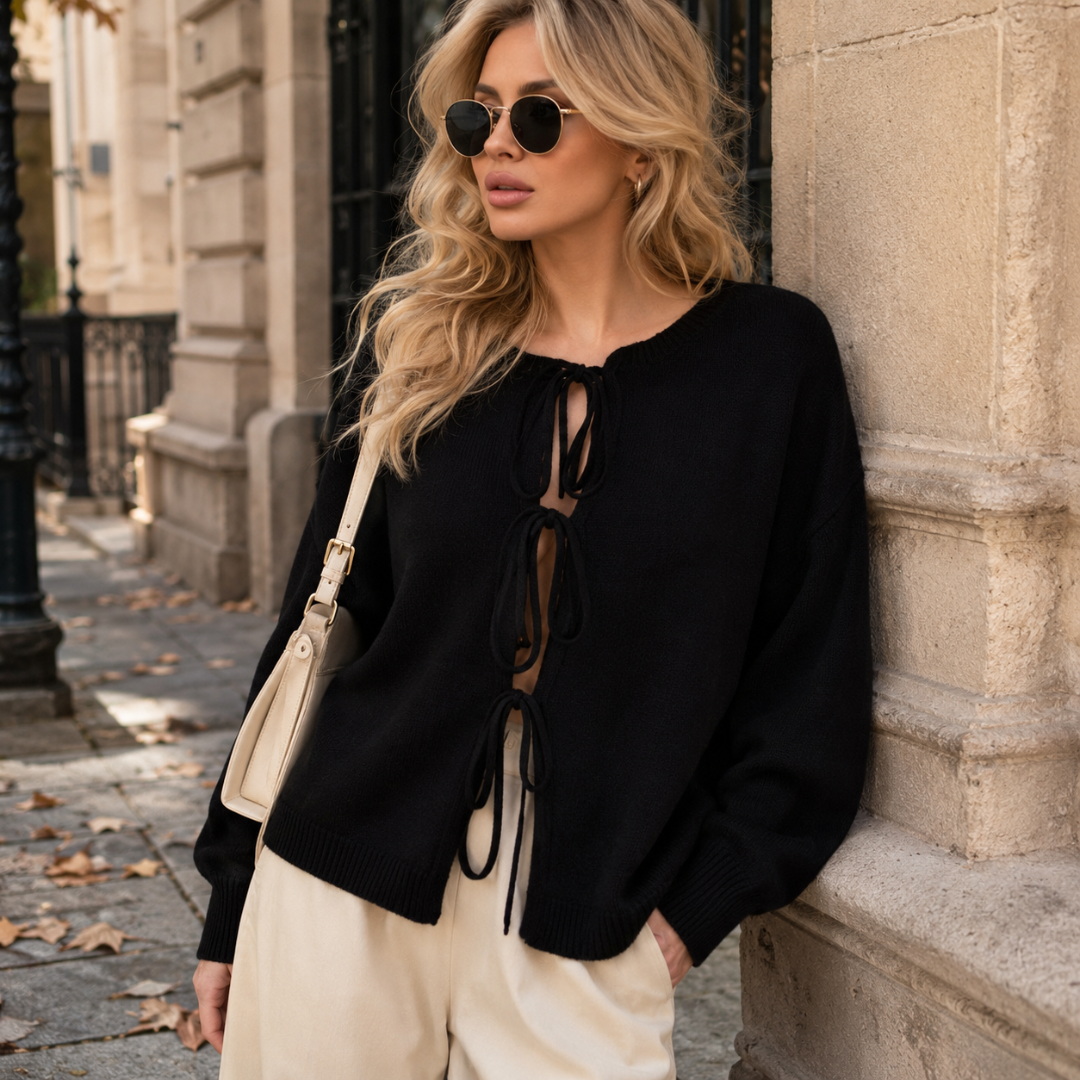 Cardigan femme noir noué par trois liens, col rond et bas côtelé