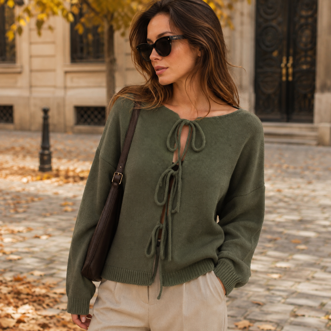 Cardigan femme vert kaki avec nœuds noués et bords côtelés aux poignets