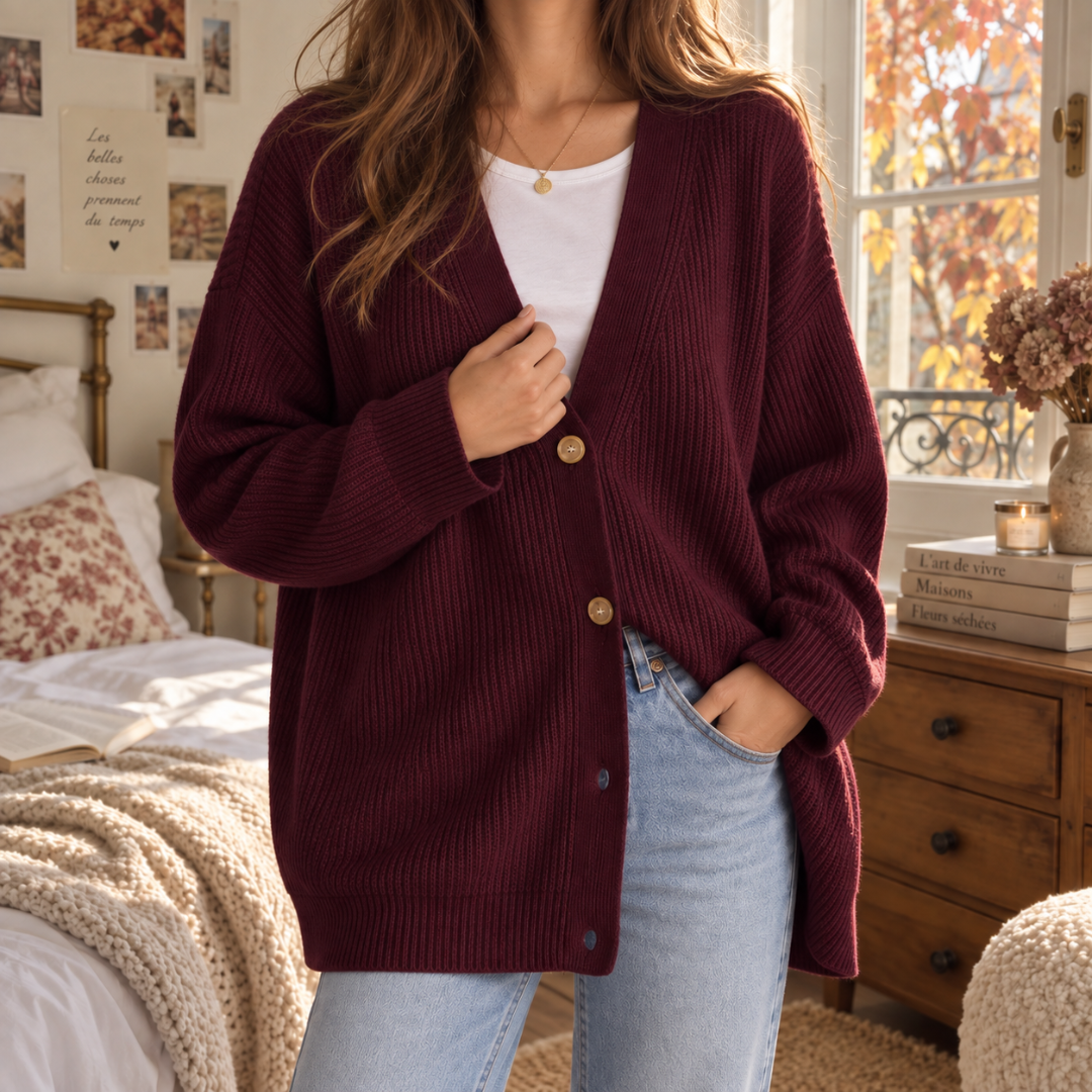 Cardigan bordeaux porté ouvert sur un t-shirt blanc, patte boutonnée visible