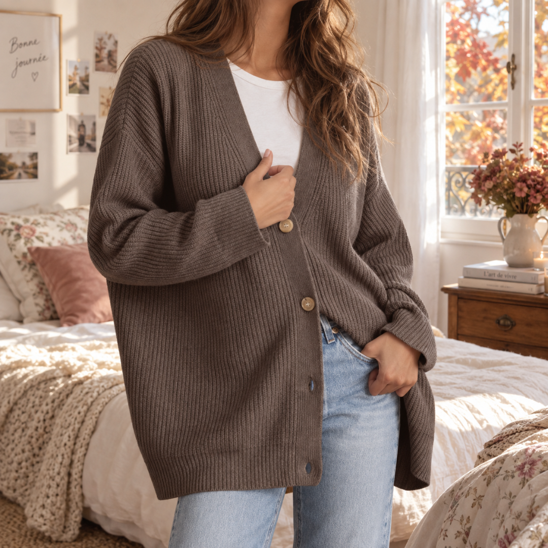 Cardigan femme taupe à col V, boutons clairs et poignets côtelés