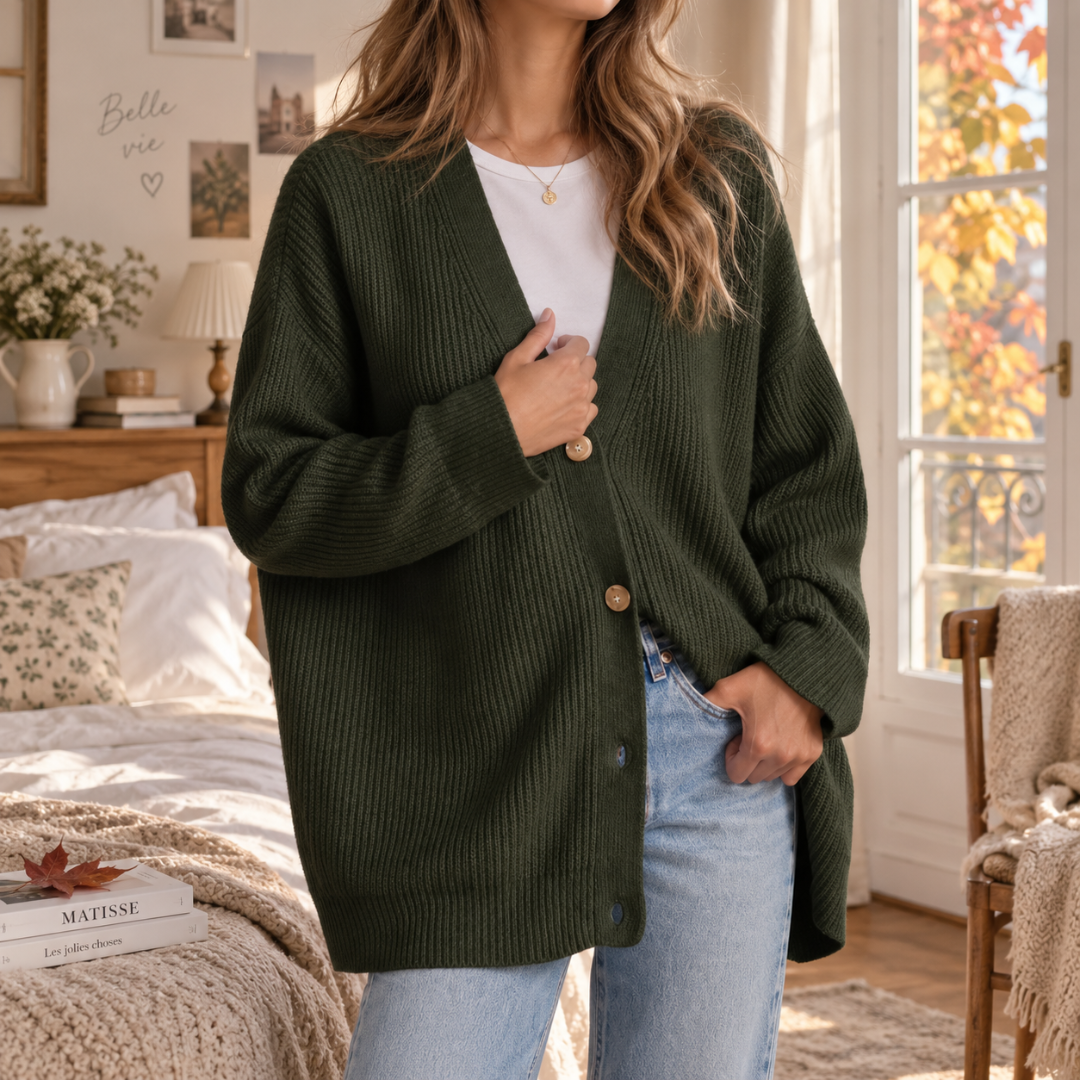 Cardigan vert foncé en maille côtelée, col V et rangée de boutons