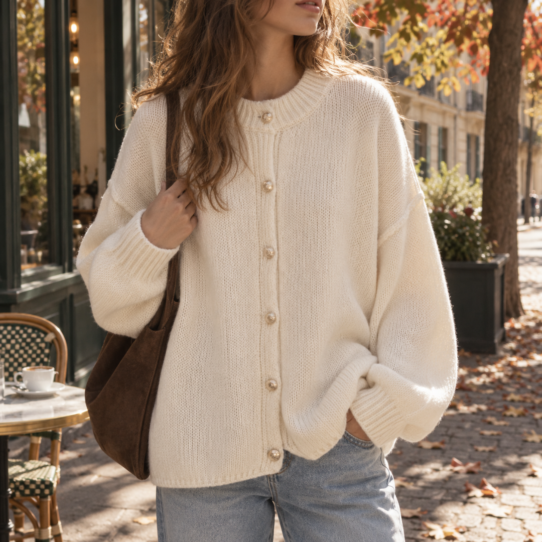 Cardigan femme beige clair en maille, col rond côtelé et boutons dorés