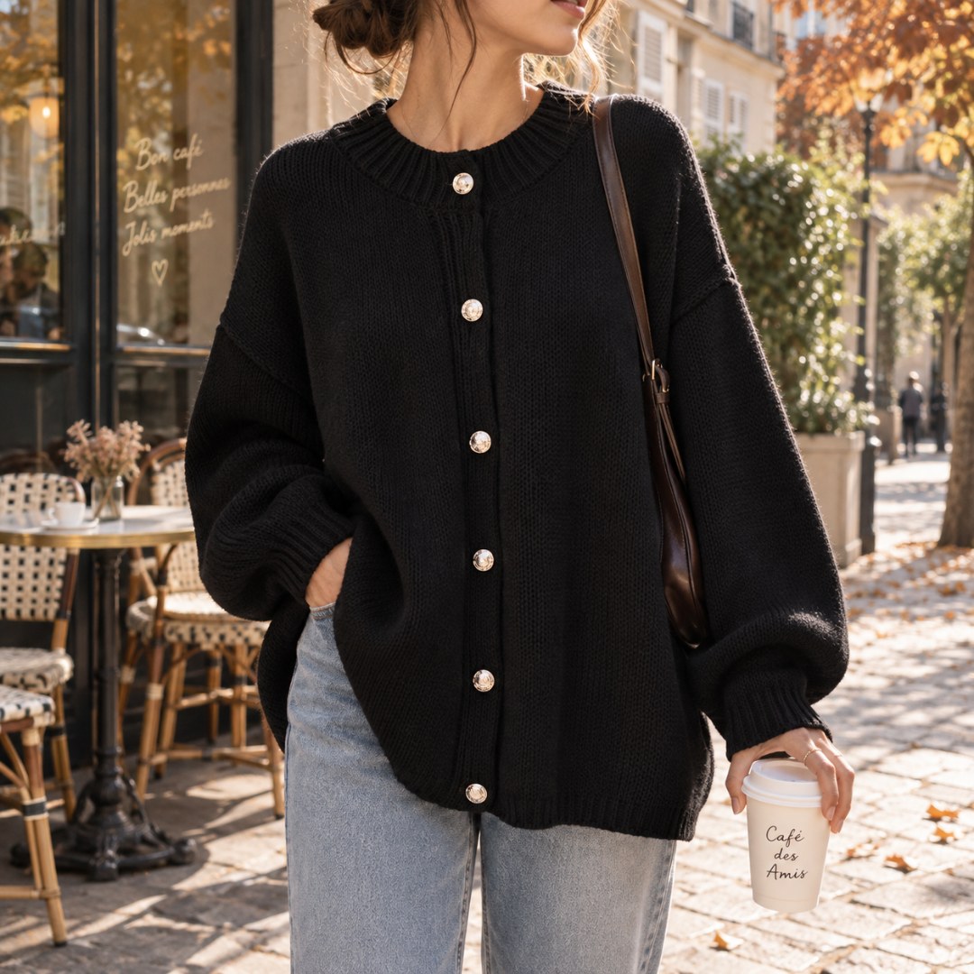 Cardigan femme noir à col rond côtelé, boutons dorés et manches ballon