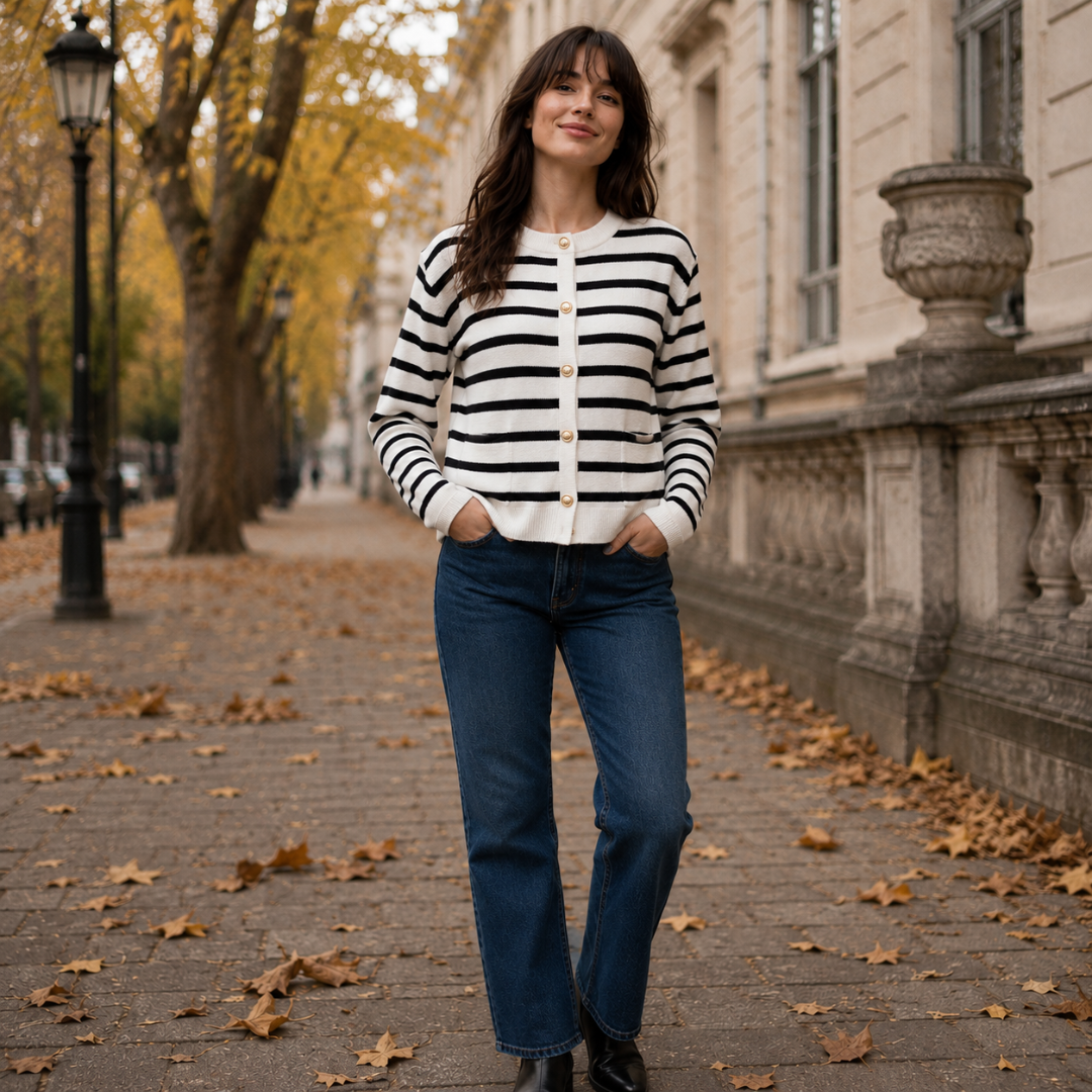 Cardigan femme rayé noir à boutons dorés, col rond et coupe courte