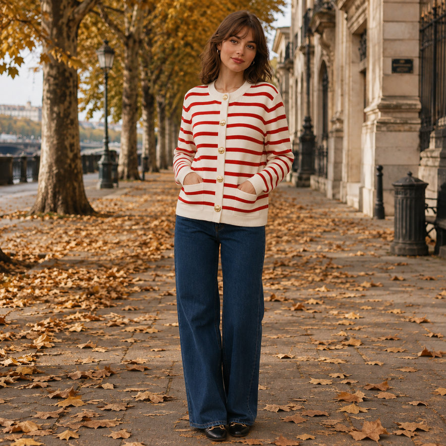 Cardigan femme rayé rouge à boutons dorés, porté avec un pantalon large bleu