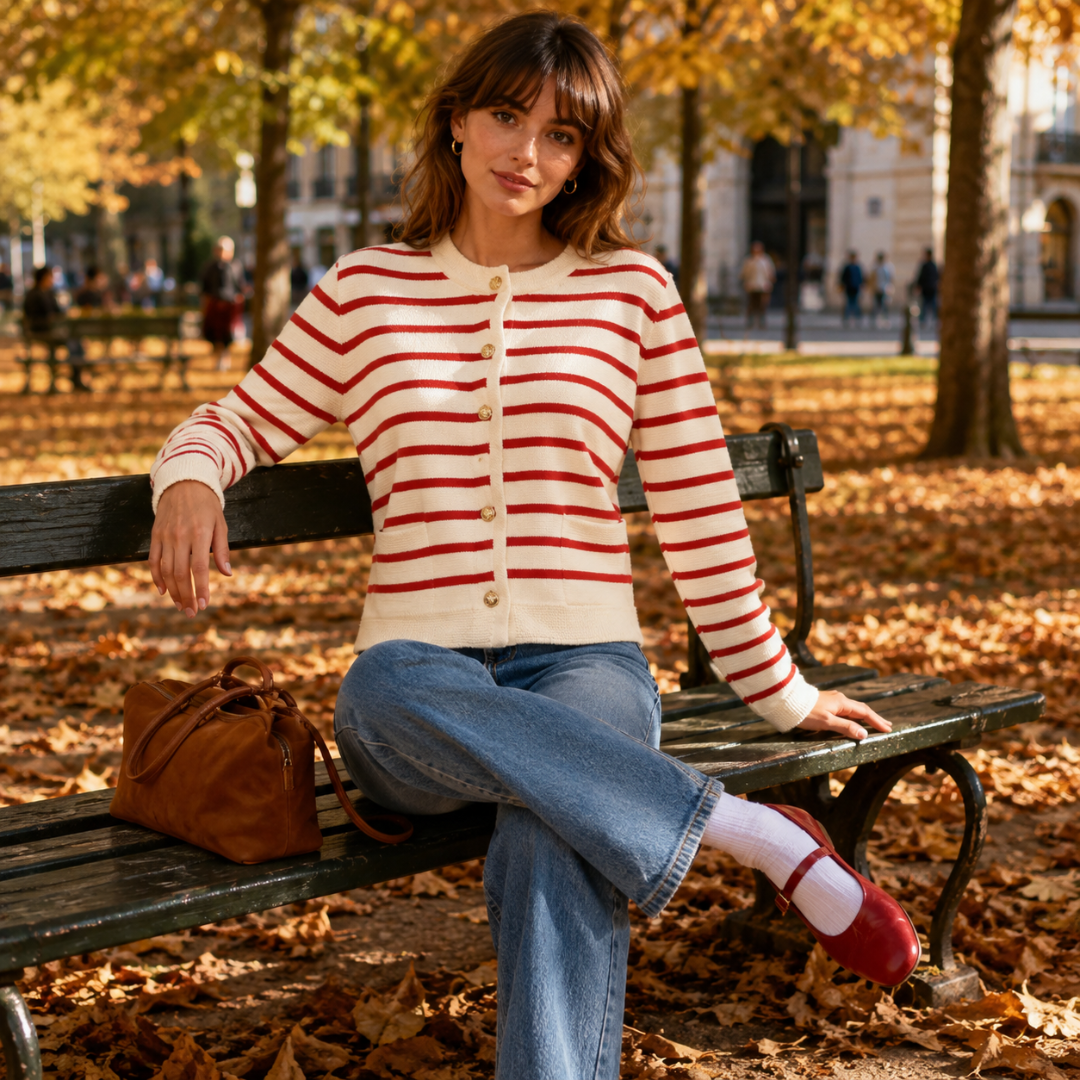 Cardigan rayé rouge porté par une femme assise sur un banc en automne