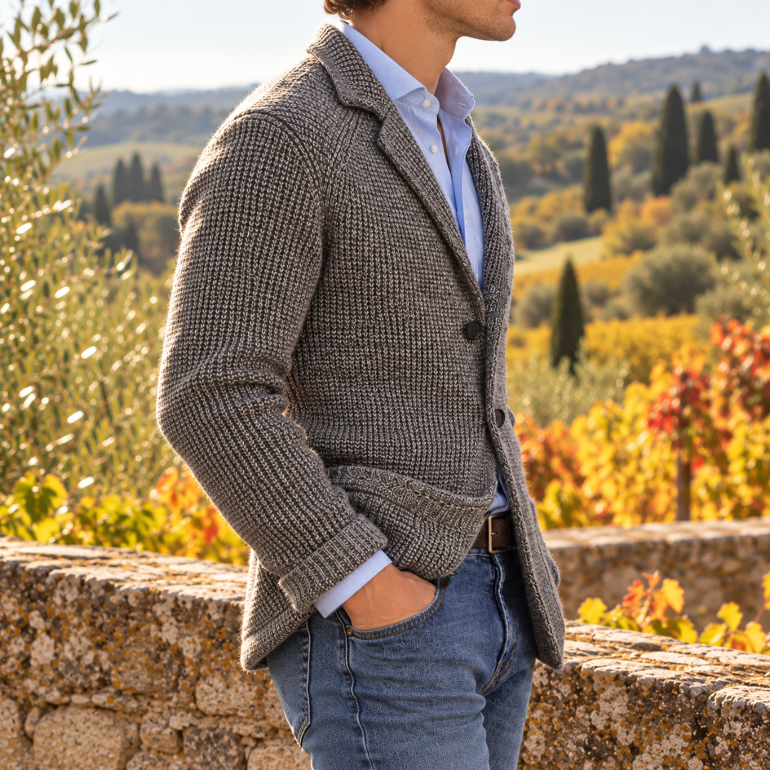 Vue de profil du cardigan gris homme, manches longues et poignets côtelés