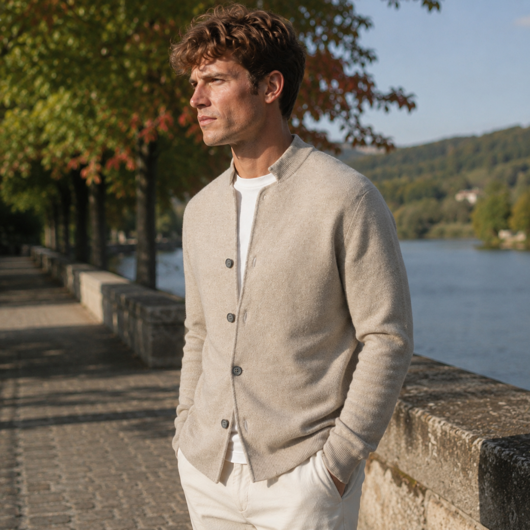 Cardigan homme kaki à col montant, boutons devant et maille légèrement texturée, porté ouvert