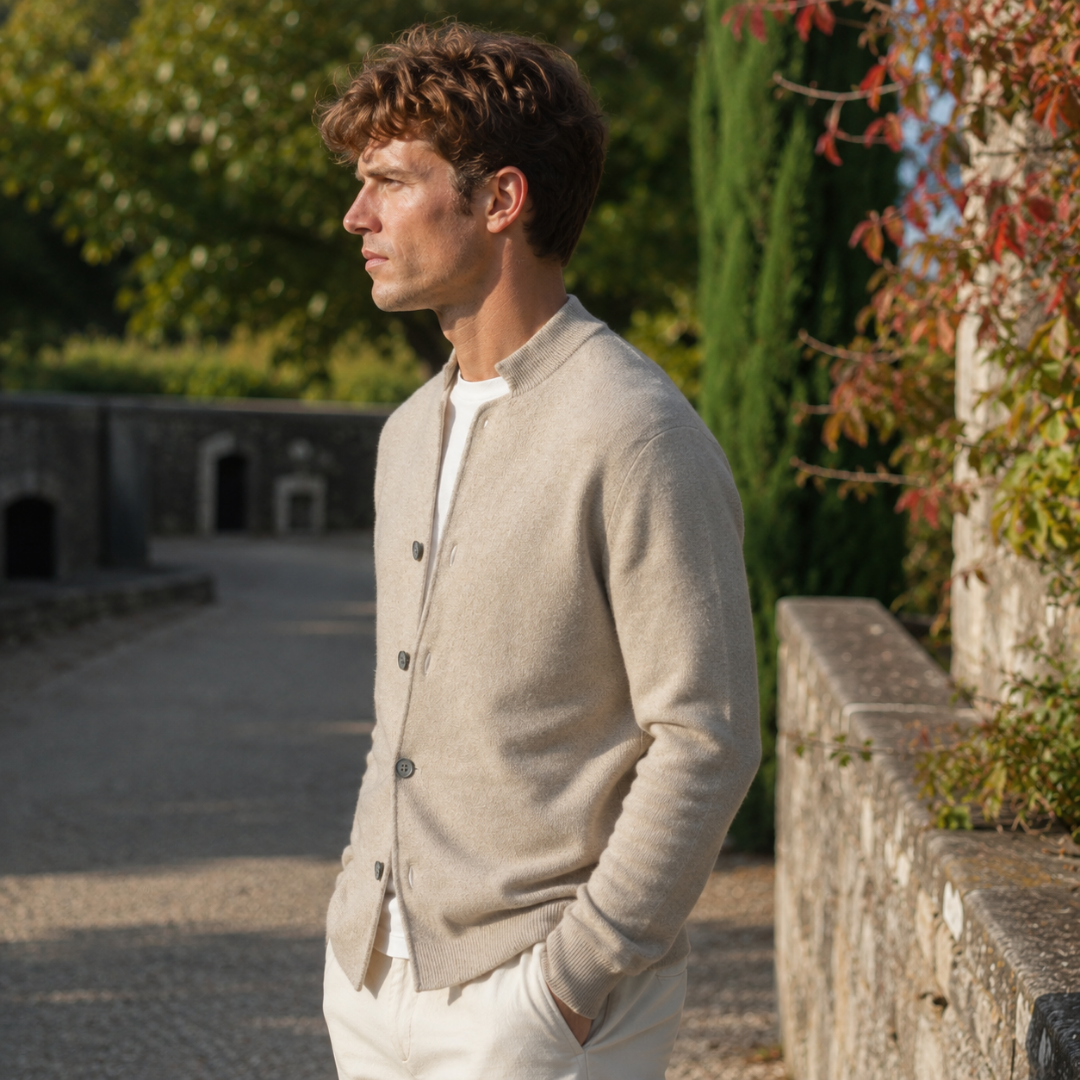 Cardigan homme kaki boutonné avec col montant, porté sur un T-shirt blanc en extérieur