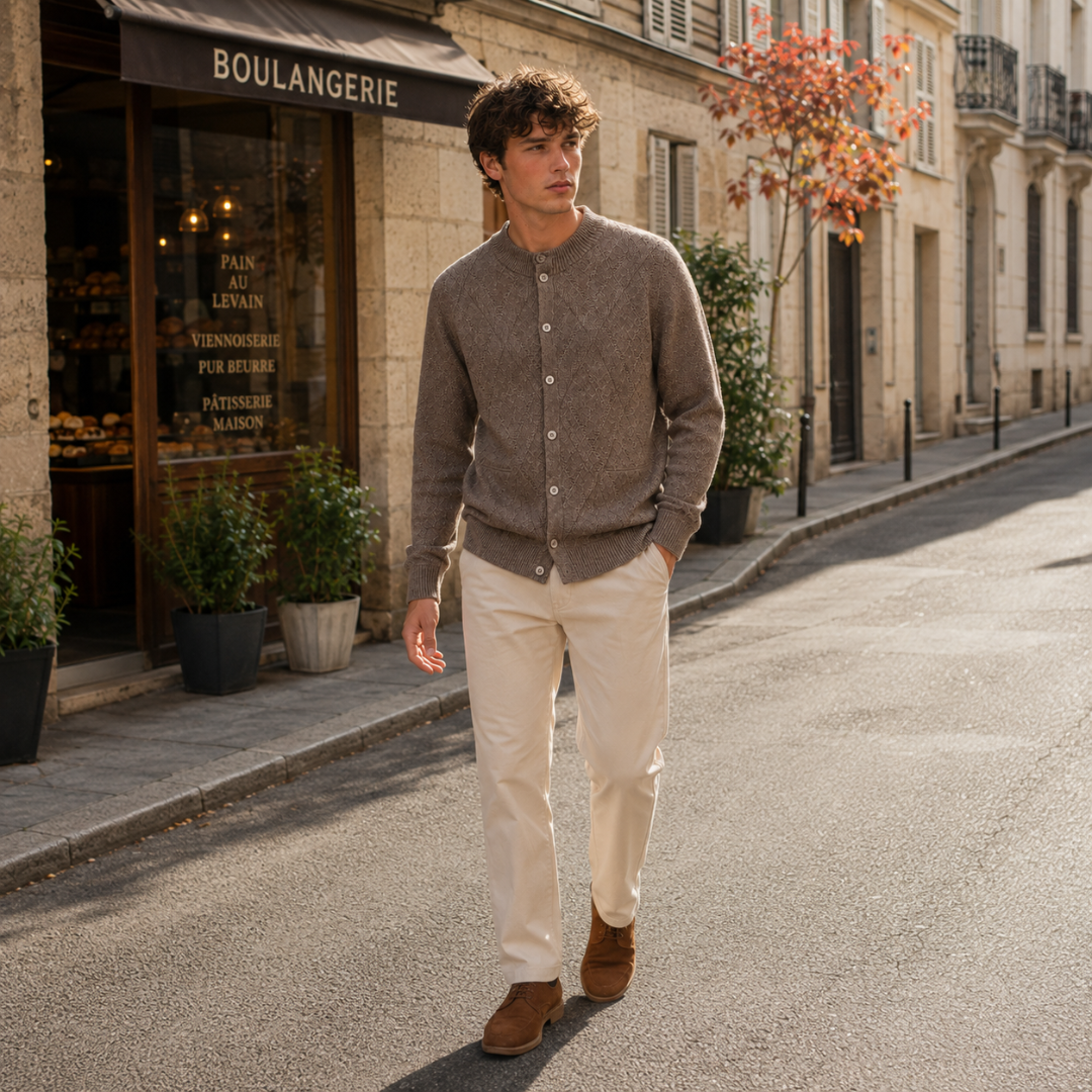 Silhouette entière : cardigan camel boutonné associé à un pantalon écru