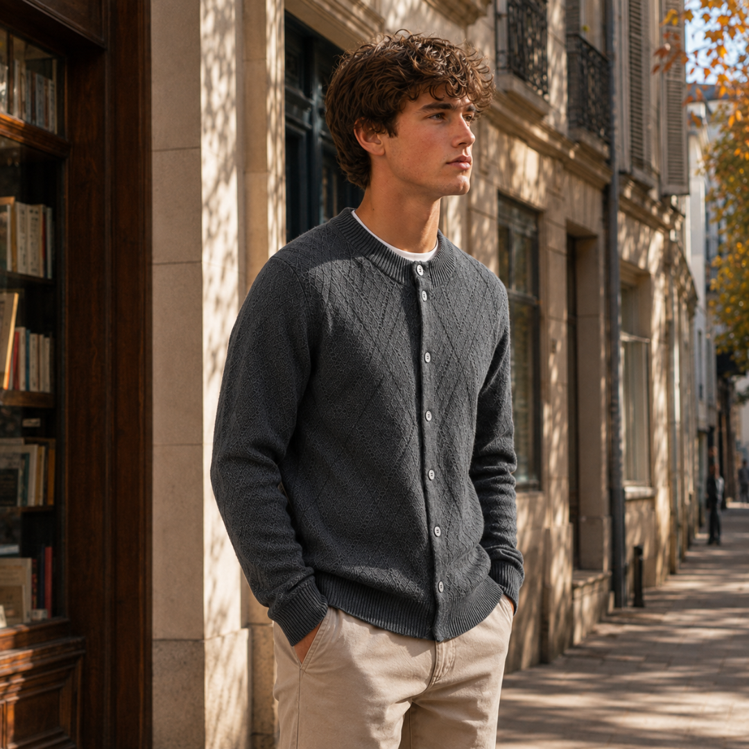 Cardigan gris boutonné de trois quarts, manches longues et poignets côtelés