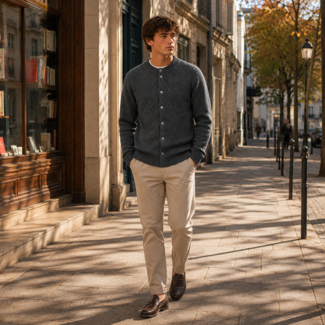 Look complet avec cardigan gris boutonné, pantalon beige et mocassins bruns