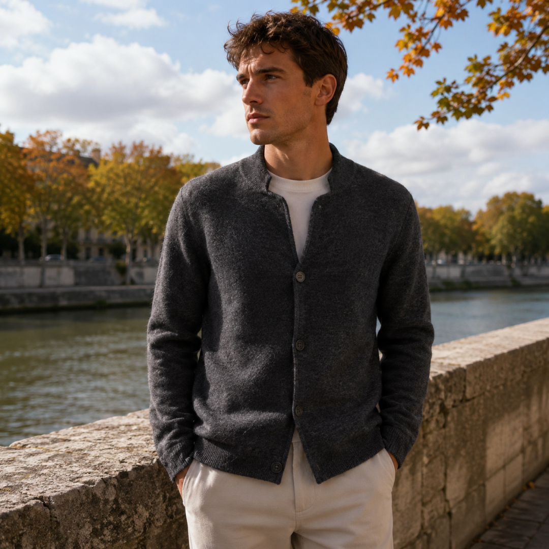Cardigan homme gris foncé boutonné avec col montant et bords côtelés au bas