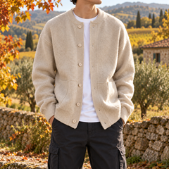 Cardigan homme blanc à col rond, boutons clairs et poches plaquées, porté ouvert