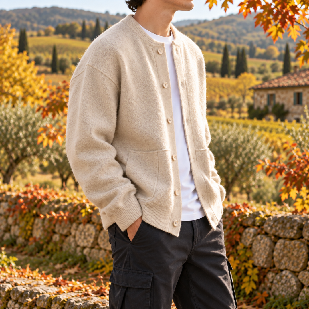 Cardigan homme blanc vu de trois quarts, maille texturée et bords côtelés au poignet