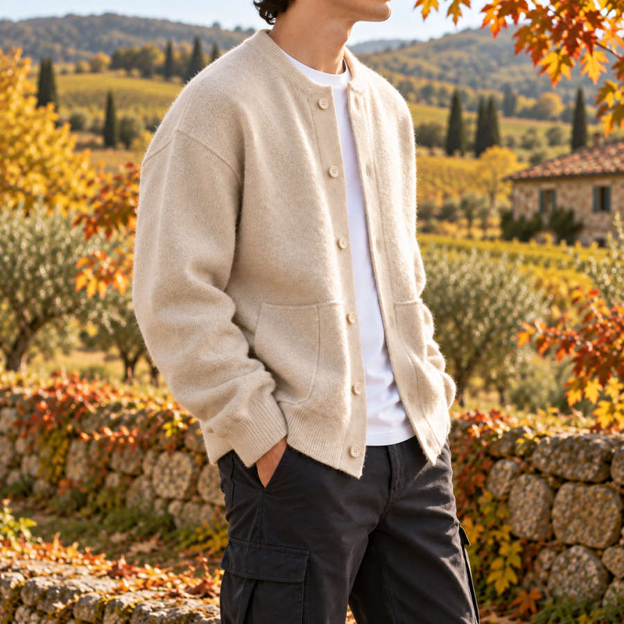 Cardigan homme blanc vu de trois quarts, maille texturée et bords côtelés au poignet