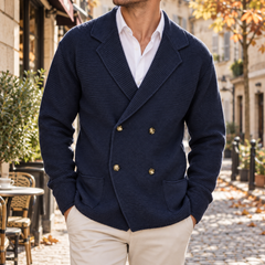 Cardigan homme bleu marine croisé, boutons dorés et bas côtelé