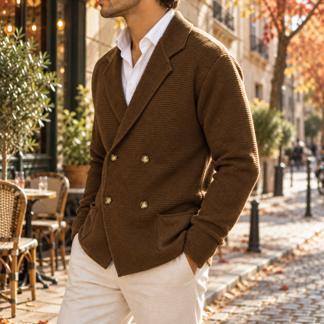 Cardigan homme marron croisé de trois quarts, poches plaquées et revers crantés
