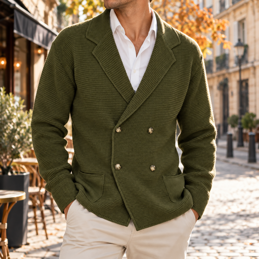 Cardigan homme vert olive à double boutonnage et texture côtelée horizontale