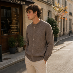Cardigan homme boutonné camel porté en ville, col rond et motifs losanges