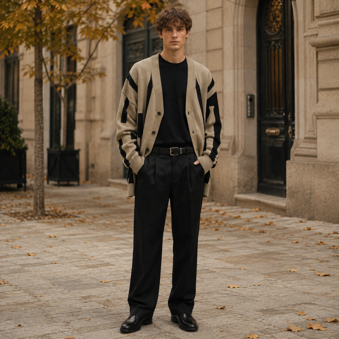 Cardigan homme beige à rayures noires, col V et boutonnage devant, porté ouvert
