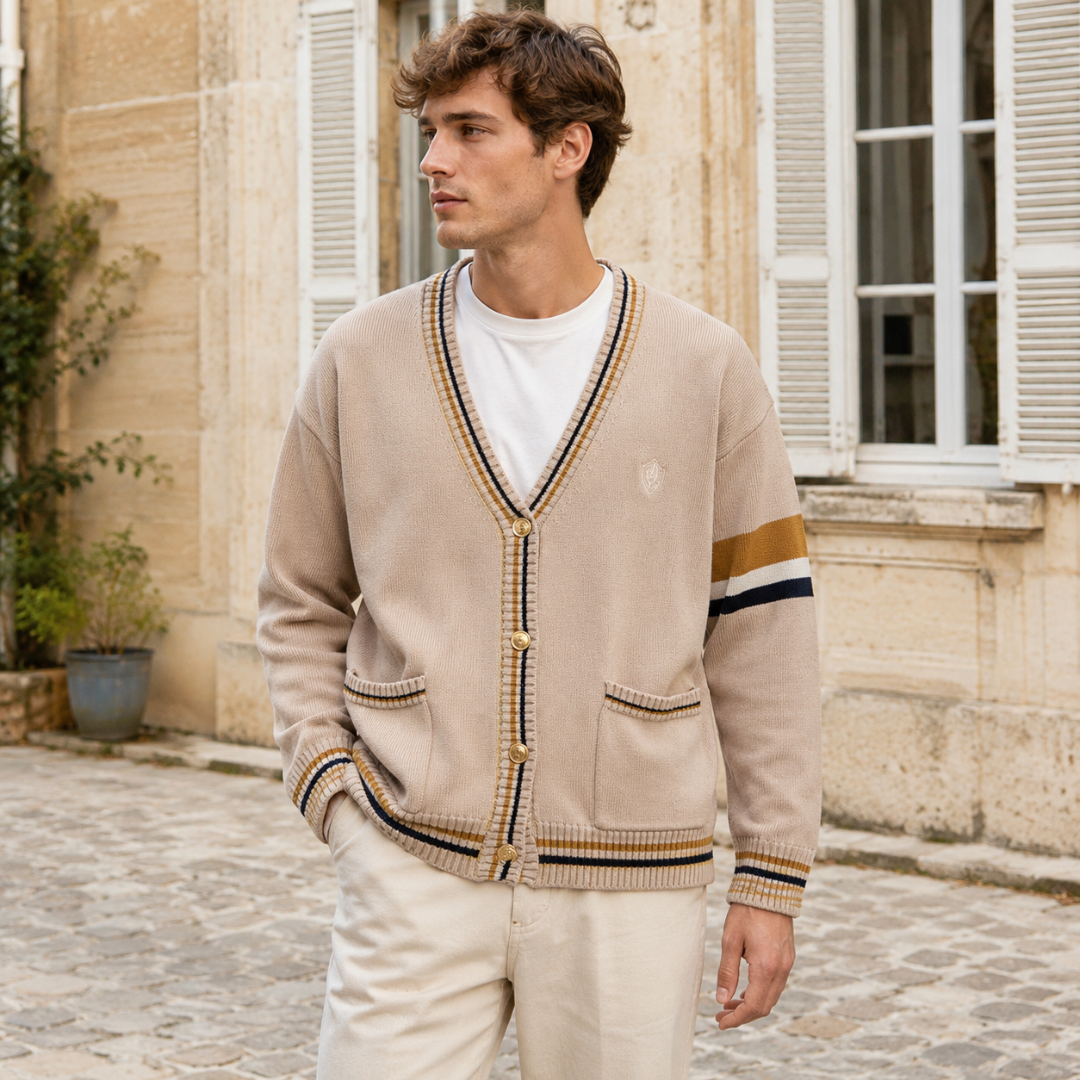 Cardigan homme beige à col V boutonné, bordures rayées et poches plaquées