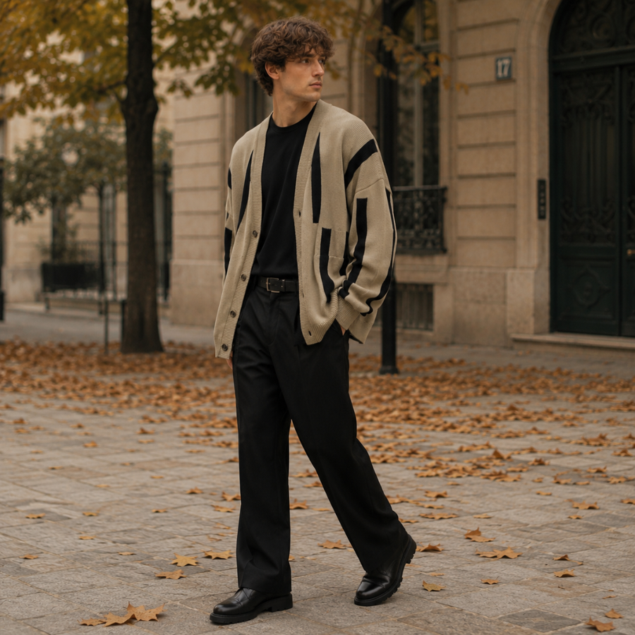 Homme de trois quarts en cardigan beige rayé noir avec poches devant et bas côtelé