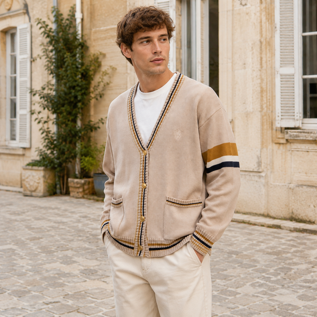 Homme portant un cardigan beige boutonné avec bande contrastée sur la manche