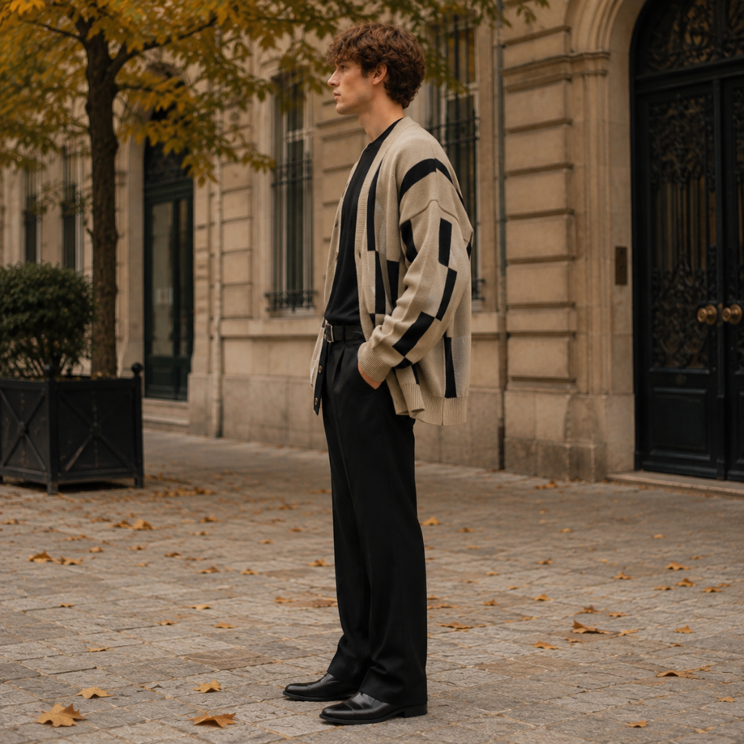 Profil du cardigan beige rayé noir, manches longues et poignets côtelés