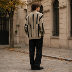 Dos du cardigan homme beige avec larges rayures verticales noires et bas côtelé