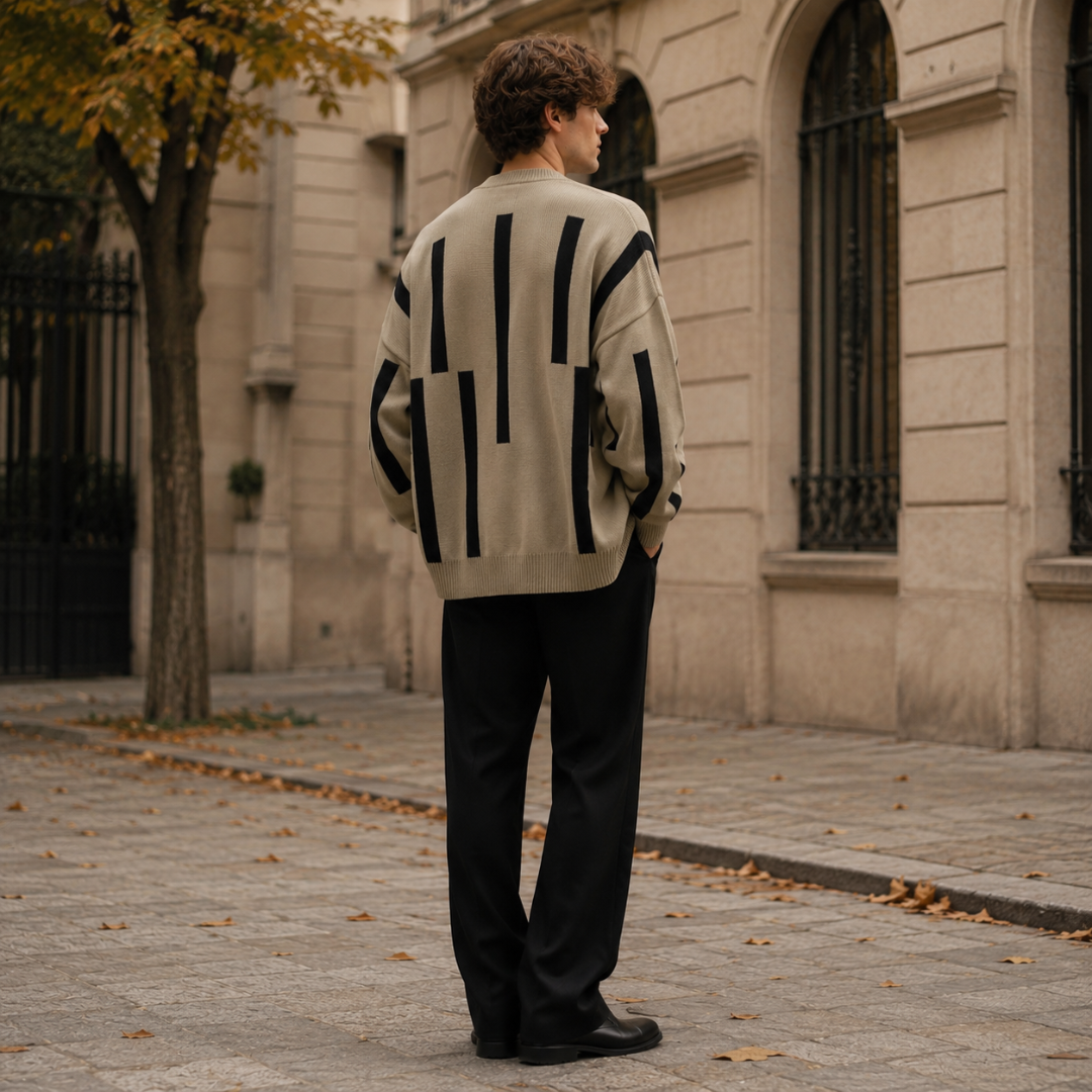 Dos du cardigan homme beige avec larges rayures verticales noires et bas côtelé