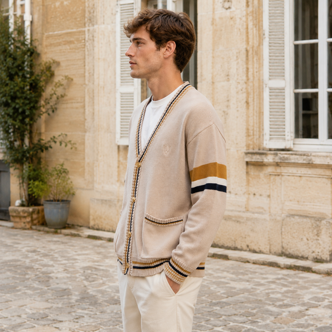 Profil du cardigan homme beige, boutons dorés et poche plaquée visible