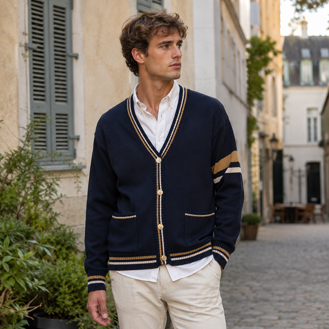 Cardigan homme bleu marine à col V rayé porté sur une chemise blanche