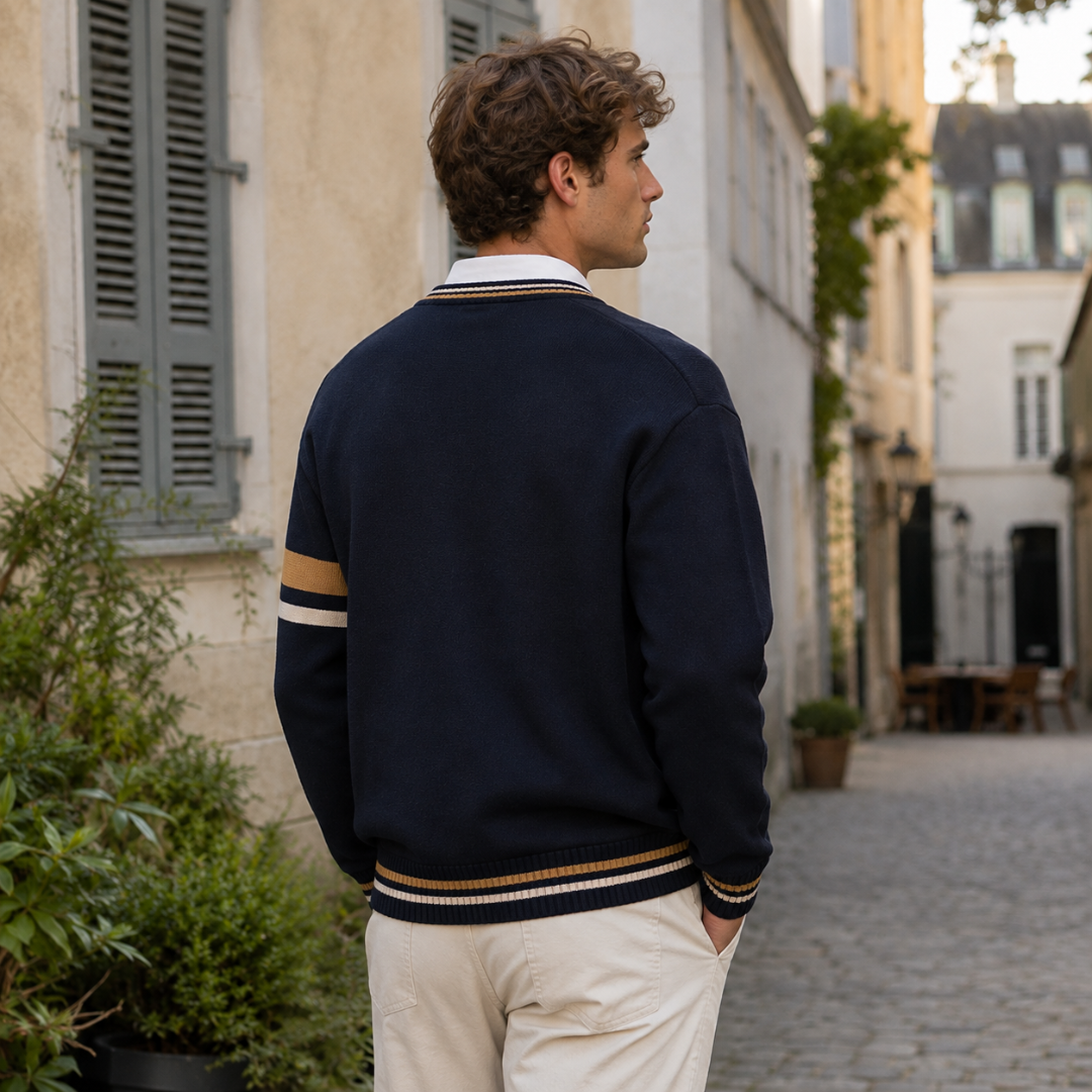 Dos du cardigan bleu marine avec bordure côtelée rayée en bas