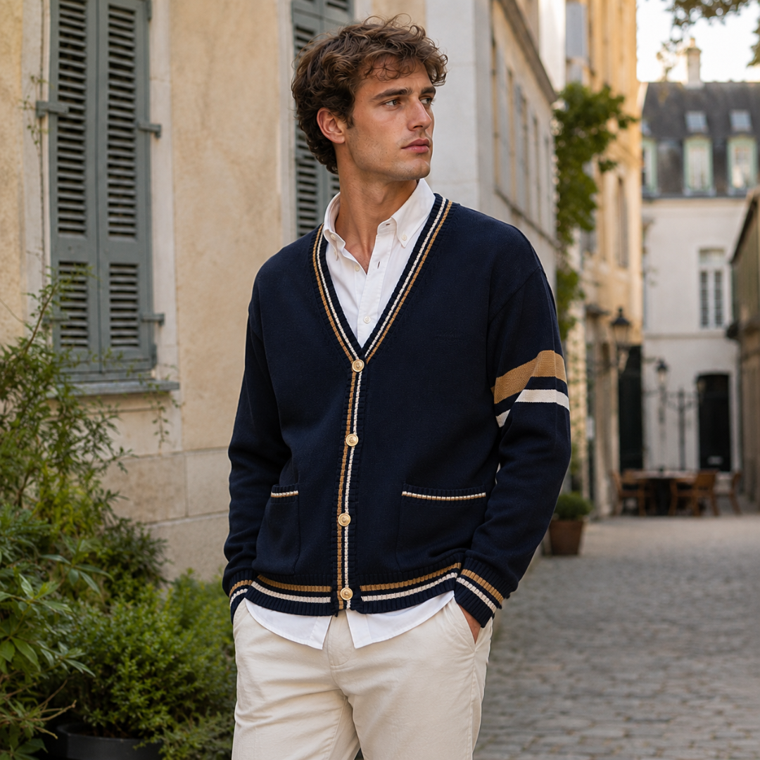 Cardigan bleu marine boutonné avec poches plaquées et finitions rayées contrastées